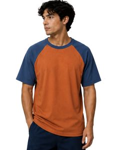 <b>Rust</b> Orange And Denim Blue Raglan T Shirt For Men Short Sleeve Crew Neck Cotton Tee Custom Casual Color Block Streetwear <b>Top</b> - Product Image 1