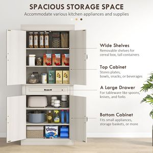 "Modern Freestanding <b>Kitchen</b> <b>Pantry</b> with 4 Doors 2 Large Cabinets & Drawer Distressed White MDF Wood" - Product Image 5
