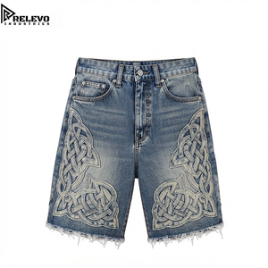 Shorts en jean premium brodés à nœuds, style vintage délavé à l'acide, multi-panneaux, coupe skate avec ourlet brut vieilli, toutes couleurs/designs - Product Image 1