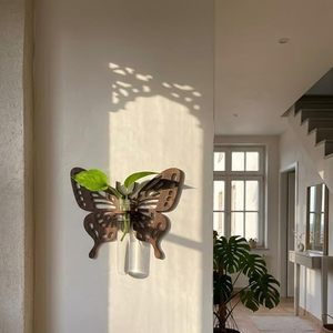 Vase mural papillon en bois, support de fleurs suspendu, étagère murale décorative pour salon, chambre à coucher, présentoir d'angle - Product Image 5