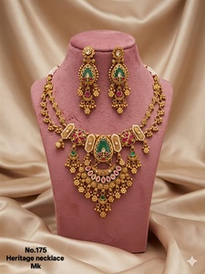 No.175 Gold Statement Necklace Set With Green <b>Crystal</b> And Pink Rhinestone Tassel Design For Women Wedding Jewelry - Product Image 2