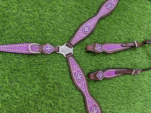 2026 Conjunto de aparejos de alta calidad de cuero de cocodrilo DD hecho a mano, estilo western, con cabezada de una oreja, pechopetral y cabestro morado para caballo - Product Image 3