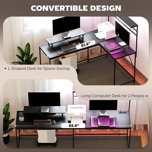 Scrivania da Gaming a L da 61,6 Pollici con Prese di Corrente e Luci LED Nera - Superficie Robusta in MDF e Supporto per Monitor - Product Image 6
