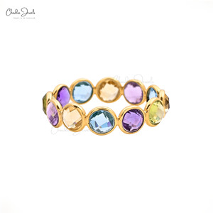 Anillo de compromiso de 3.31 CTW con múltiples gemas, oro amarillo macizo de 14K, engaste de bisel, banda apilable, anillo delicado de zafiro, lote de joyería nupcial - Product Image 2