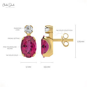 Boucles d'oreilles artisanales en or massif 14 carats avec tourmaline rose ovale véritable 7x5mm et halo de diamants, articles en gros, lots en vrac - Product Image 4