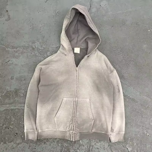 Sweat-shirt à capuche zippé unisexe en molleton 100 % coton, délavé à l'acide, broderie vieillie, manches longues, coupe ample, haute qualité, vente en gros - Product Image 1