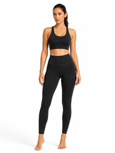 Ensemble de yoga 2 pièces : Crop top dos nageur col rond et Legging taille haute longueur intégrale, avec surpiqûres contrastées, sans coutures, écologique - Product Image 1