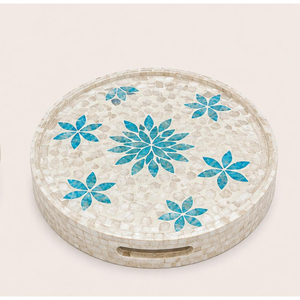 Bandeja Redonda Decorativa Hecha a Mano con Incrustaciones de Madreperla, Mosaico de Conchas con Diseño Floral Turquesa, con Asas, para Hotel - Product Image 3