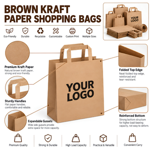 Sacs de shopping en kraft brun imprimés sur mesure, poignée plate, emballage recyclable, fabricant OEM ODM - Product Image 3