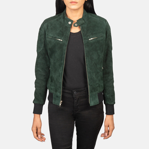 Women's Green <b>Suede</b> Moto <b>Jacket</b> Stand Collar Zipper Closure Full Sleeve Biker Style Autumn Outerwear - Product Image 5