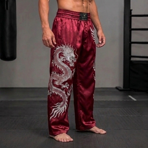 Men's <b>Red</b> <b>Silk</b> Kung Fu Pants Hand Embroidered Dragon Loose Fit Breathable Martial Arts Wear With Cheap Price & OEM Service - Product Image 3