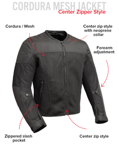 Men's Cordura Mesh Motorcycle <b>Jacket</b> 220g All Seasons Center Zip Breathable with <b>Neoprene</b> Collar and Adjustable Forearms - Product Image 6