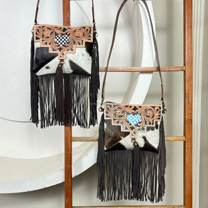 Fashion Women Hand Tooled Leather Fringe Handbag Perfect for Everyday Use Genuine Cowhide Checkered Leather Single Shoulder Bags - Product Image 4