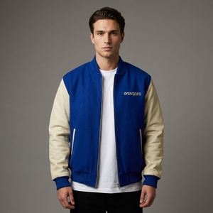 Men's Royal Blue Wool <b>Jacket</b> Cream Sleeves Custom Logo Rib Knit Collar Cuffs Zip Front Premium Streetwear Bomber Outerwear Style - Product Image 1