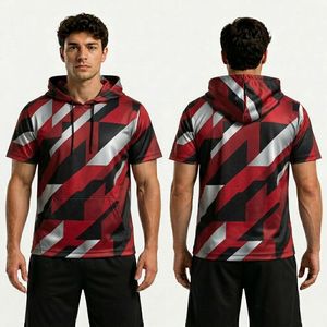 T-shirt de sport à capuche et manches courtes en polyester à sublimation motif tourbillon bleu et rouge, respirant et anti-humidité - Product Image 6