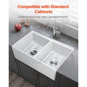 Lavello da Cucina Stile Rustico 33x20 Pollici, Bianco, con Frontale a Grembiule, Doppia Vasca Quadrata, Workstation in Argilla Refrattaria, da Incasso, con Accessori Multipli - Product Image 6