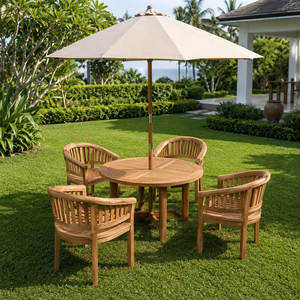 Modern Solid Teak Wood Outdoor Dining Set 4 Seater <b>Round</b> <b>Table</b> Chairs with Umbrella <b>for</b> Hotel Resort Villa <b>Patio</b> - Product Image 2