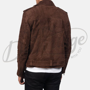 Veste de motard en cuir suédé marron foncé pour homme, classique, double fermeture éclair, en véritable peau de mouton, chaude pour l'hiver, avec ceinture - Product Image 2