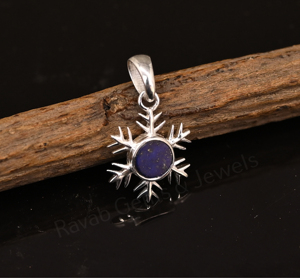 Colgante Unisex de Plata 925 con Baño de Rodio, Diseño de Copo de Nieve con Gema de Lapislázuli de 5mm, Estilo Clásico Cristiano - Product Image 2