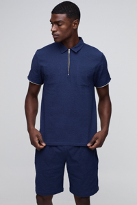 Polo de Punto Azul Marino para Hombre, Manga Corta, Corte Regular, Ribete en Contraste, Color Sólido Informal, Cierre de Cremallera - Product Image 6