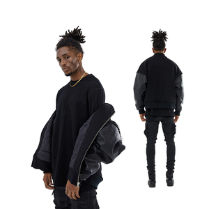 Blouson bomber noir pour homme, manches en cuir, fermeture éclair, style streetwear, vêtement d'automne, coupe classique, couleur unie, col rabattu - Product Image 2