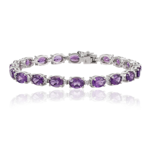 Handmade 925 Sterling Silver Natural Oval Cut <b>Amethyst</b> & Round Diamond Tennis <b>Bracelet</b> For Women's - Product Image 1