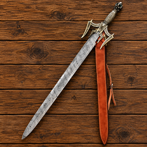 Espada Barbarca Medieval de Acero de Damasco, Hoja de Doble Filo de Acero de Damasco Forjada a Mano con Funda de Cuero - Product Image 1