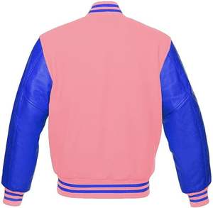 Veste de baseball varsity en cuir véritable avec manches à rayures bleues, en laine rose pâle véritable, type souvenir, broderie personnalisée - Product Image 2