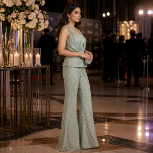 Luxury Sage Green Embroidered Co Ord Set for Women | Sleeveless Peplum Top and <b>Flared</b> Pants | Designer Party Wear Evening Outfit - Product Image 3