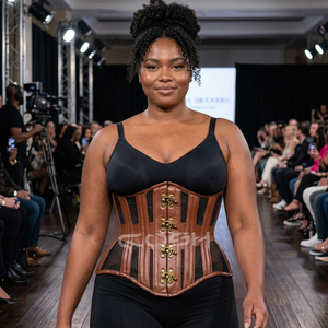 Corsé de cuero marrón con varillas de acero, estilo underbust, para curvas extremas, con paneles de malla negra |   Cierre Antiguo de Estilo Vintage sin Costuras con Soporte Firme - Product Image 2