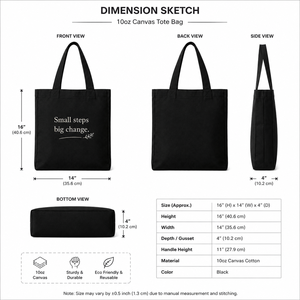 Canvas Fashion Tote <b>Bag</b> <b>Medium</b> <b>Size</b> Black with 'Small Steps Big Change' Print Groceries Daily Use Hand Length Handle - Product Image 2