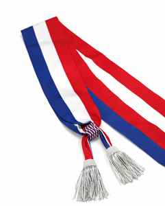 Tricolor Red <b>White</b> Blue Sash Scarf with Silver Tassels Custom Ceremonial Event Mayor Deputy Style - Product Image 1
