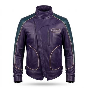 Veste de motard Darkry personnalisée pour homme en cuir véritable violet avec empiècements turquoise et fermeture éclair asymétrique – Vente en gros - Product Image 1