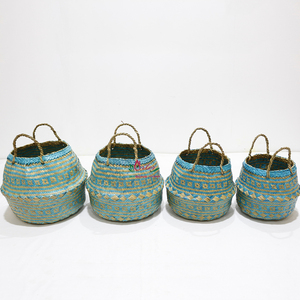 Paniers de rangement en feuilles de palmier naturelles bleues avec poignées, style art populaire, forme de bol multi-usages - Product Image 5