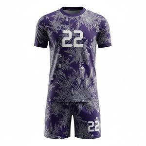 Uniforme de Fútbol Sublimado Personalizado 100% Poliéster, Conjunto Completo con Camiseta y Pantalones Cortos con Estampado de Cristales de Hielo Morado y Blanco, Número 22, para Deportes de Equipo - Product Image 1