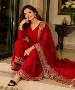 <b>Red</b> <b>Silk</b> Salwar Kameez With Embroidered Dupatta Women Wear Wedding Party Outfit India Pakistan Style MBL- DN-589 Hamia 85334 - Product Image 2
