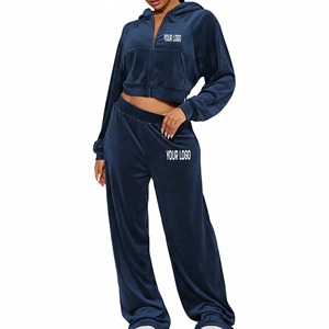 Conjunto de 2 piezas elegante para mujer, estilo urbano, sexy, para discoteca, chándal de algodón de felpa, liso, teñido, con mangas abullonadas y cuello alto. - Product Image 6