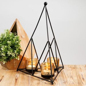 Support de bougie chauffe-plat en métal pyramidal géométrique, support de bougie votive en verre vintage, centre de table moderne, décoration pour la maison et les fêtes - Product Image 1