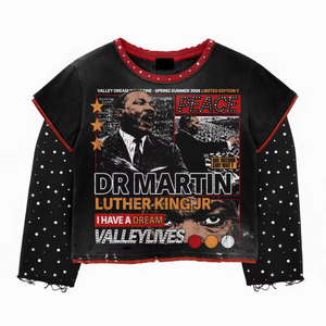 T-shirt Streetwear USA à manches longues, délavé à l'acide, avec strass et imprimé intégral effet vieilli, vintage, coupe oversize, en coton premium épais - Product Image 5