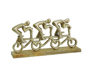 Escultura Moderna de Tres Ciclistas en Aluminio Fundido Dorado sobre Base de Madera de Mango - Estatua Decorativa Abstracta Hecha a Mano para el Hogar con Diseño de Carreras de Bicicletas - Product Image 2