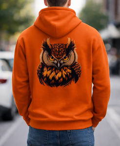 Sweat à capuche orange personnalisé pour hommes |   Sweat à capuche en molleton épais avec logo frontal et grand imprimé hibou au dos |   Sweat-shirt OEM - Product Image 2