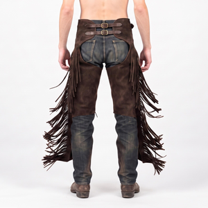 Pantalones vaqueros de cuero genuino para hombre, de talle alto, corte regular, con flecos y cierre de hebilla para montar a caballo - Product Image 5