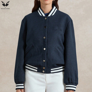 Hand Made Women Navy Blue Varsity Jacket Full Sleeve Button Up Contrast Trim Regular Fit Autumn Solid Color Turn-Down Collar - Product Image 6