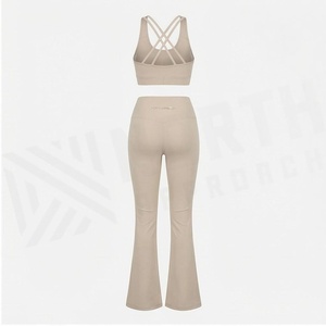 2 Piece Yoga Set Seamless Crisscross Strap Crop Top High Waist Full Length <b>Flared</b> <b>Leggings</b> Solid Beige Women's Activewear - Product Image 2