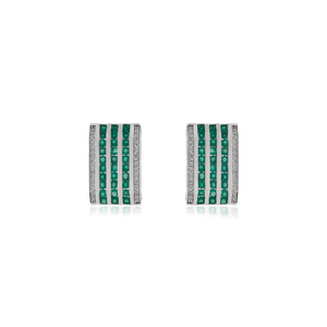 Pendientes Geométricos de Plata 925, 100% Auténticos, con Ónix Verde y Diamantes en Engaste de Canal, Minimalistas, para Uso Diario de Mujer - Product Image 1
