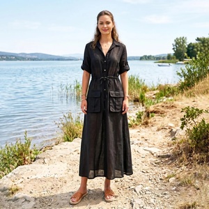 Cotton Shirt <b>Dress</b> for Women Minimalist Midi <b>Dress</b> <b>Loose</b> Summer Casual Oversized Button V-neck Bell Sleeve High Waist Breathable - Product Image 1
