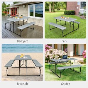 Folding Aluminum <b>Picnic</b> <b>Table</b> Bench Set Portable Heavy Duty Square <b>Table</b> for Indoor and Outdoor Use <b>Wood</b>-Like Texture - Product Image 5