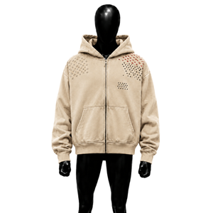 Sudadera con capucha beige desgastada con cremallera y mangas con pedrería, estilo oversize, streetwear, lavado vintage, estética grunge, unisex, casual. - Product Image 1