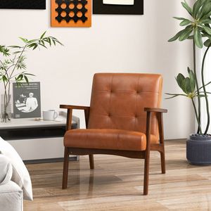 Fauteuil d'appoint moderne du milieu du siècle, structure en bois d'hévéa massif, revêtement en cuir - Product Image 3