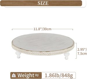 Plateau sur pied en bois blanc perlé, style rustique, rond, décoratif, pour table basse, cuisine, présentation à domicile - Product Image 4